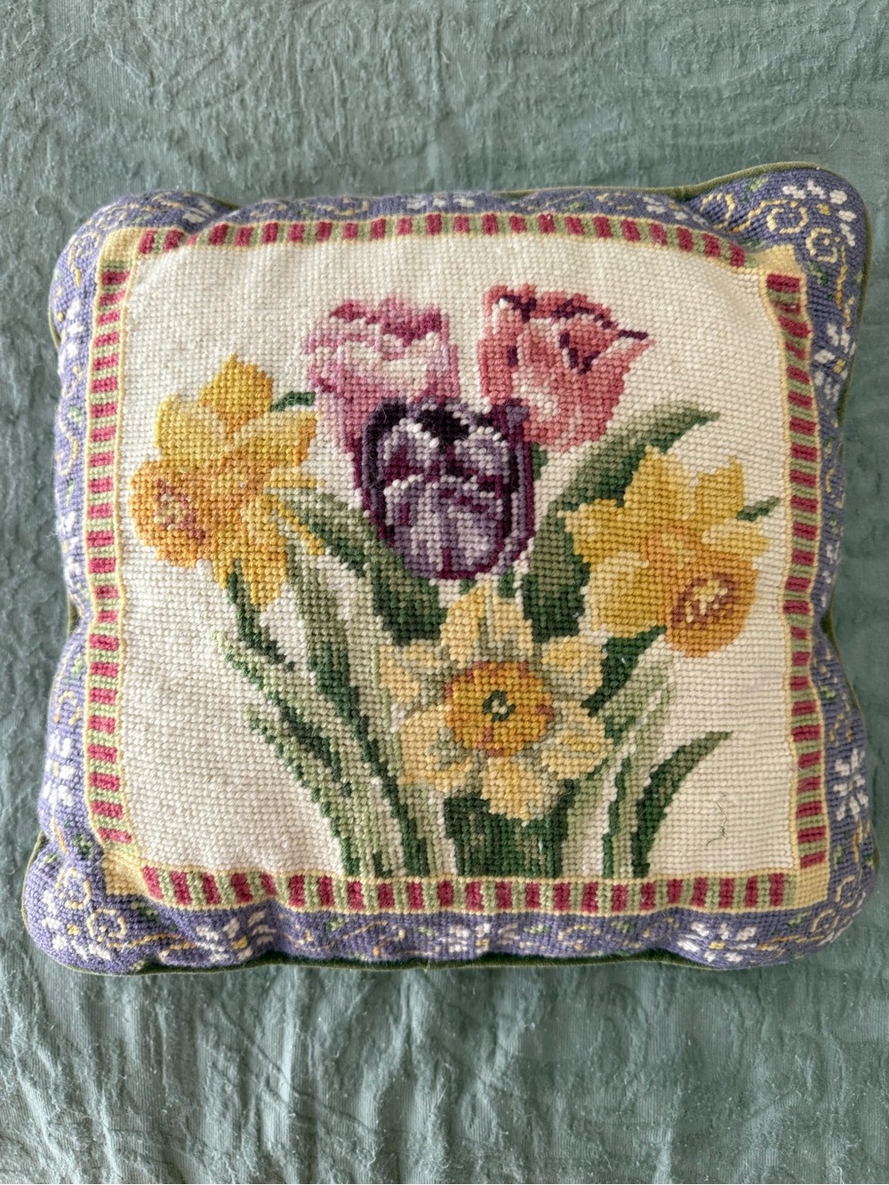 Floral Needlepoint Throw Pillow — Yellow & Purple